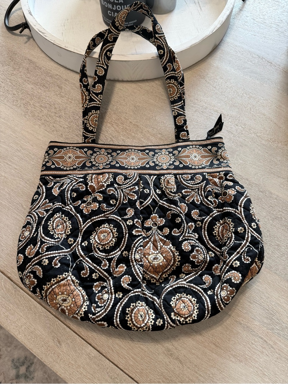 Vera Bradley Brown Black Quilted Cotton Paisley Tote Shoulder Bag 14x11
